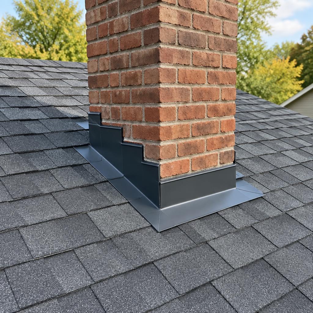 Roof renovation detail around a brick chimney