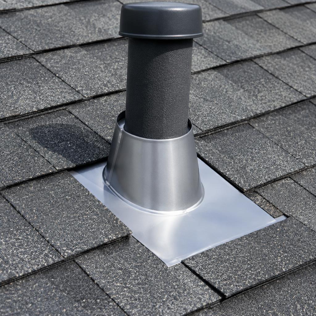 Close view of clean roof flashing and vent details