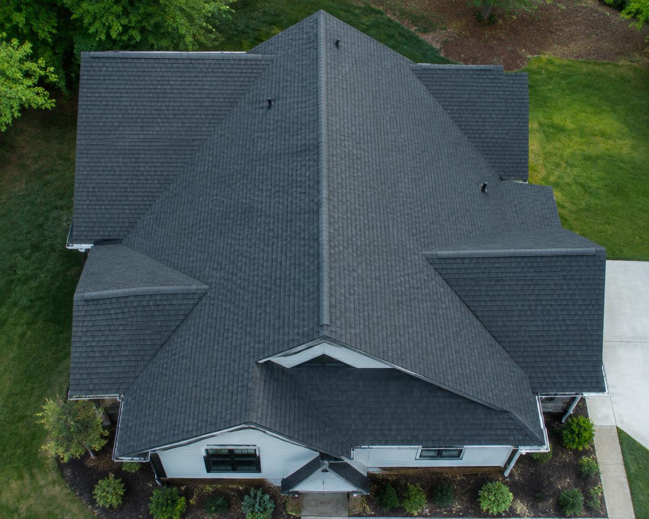 Completed architectural shingle roof viewed from above